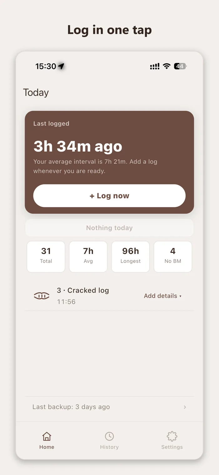 Home screen showing the last log, averages and a Log now button