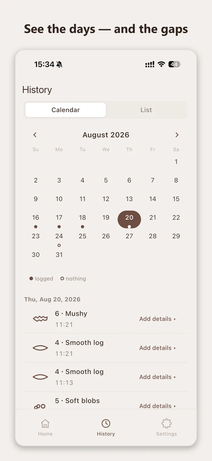 History calendar view with logged and confirmed-empty days
