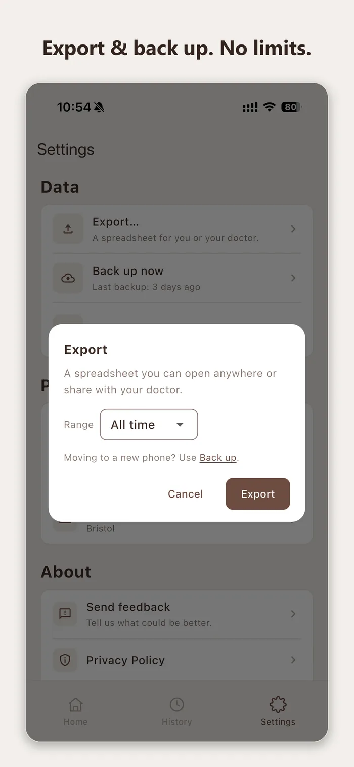 Export and backup screen