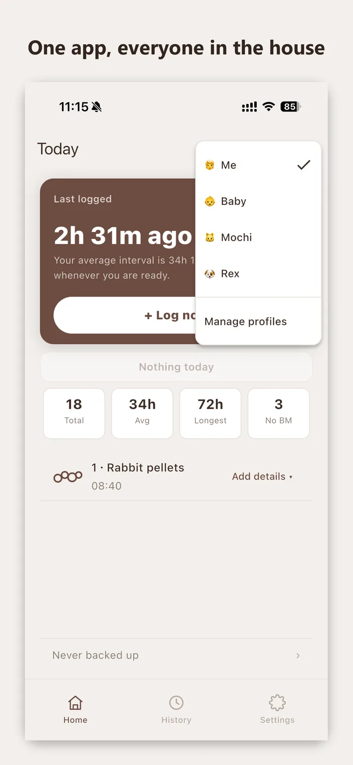 Profile switcher showing Me, Baby, Mochi and Rex